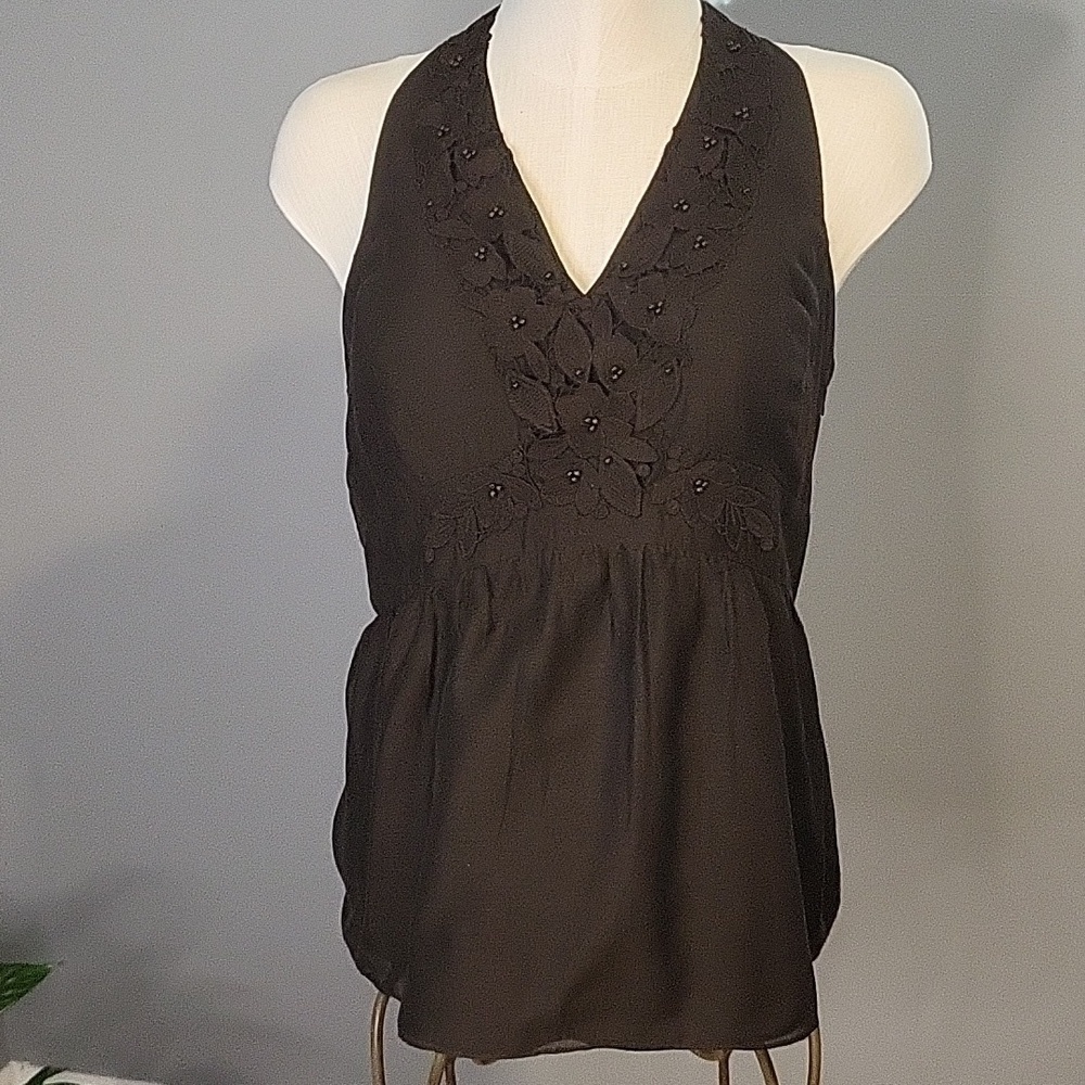 Ann Taylor Cotton Silk Side-Zip Beaded Lined Brown Halter Top Size 8